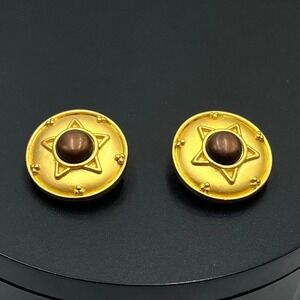 LIZ CLAIBORNE LCI Vintage Brown Stone Gold Plated Etruscan Designer Clip Earring